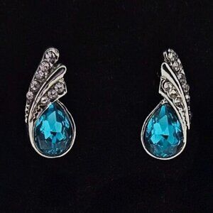 Small Azure Blue, Clear Crystal Teardrop Stud Earrings Silver Plated